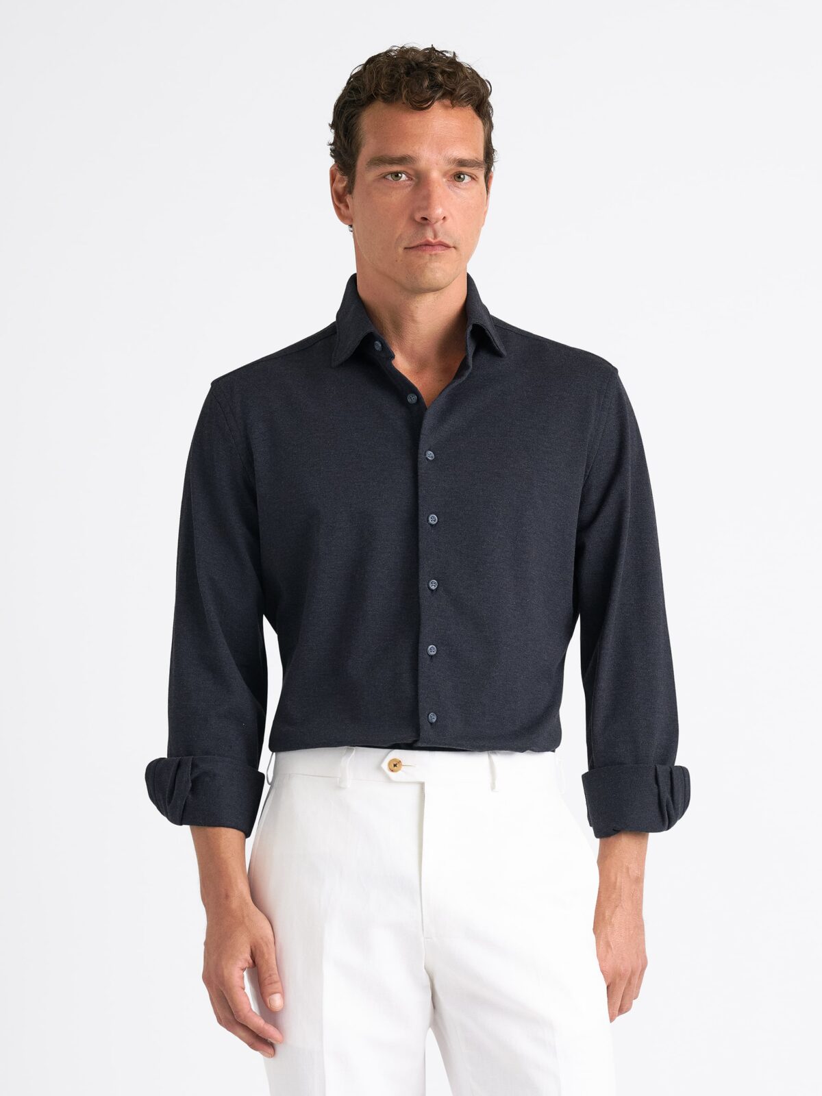 The Italian Knit Pique Dress Shirt in Navy