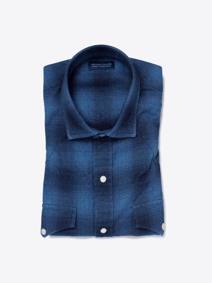 Japanese Indigo Ombre Plaid Flannel Fitted Shirt 