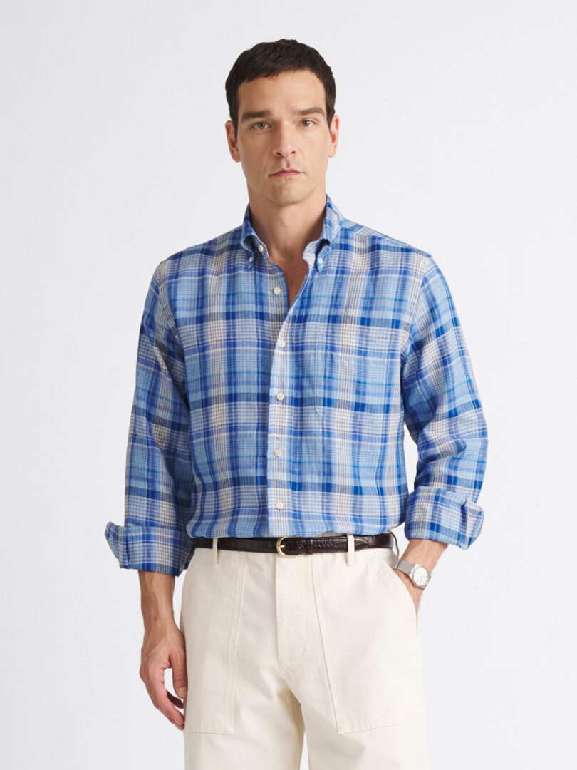 Albini Blue Navy and Ivory Linen Madras Thumb Detail