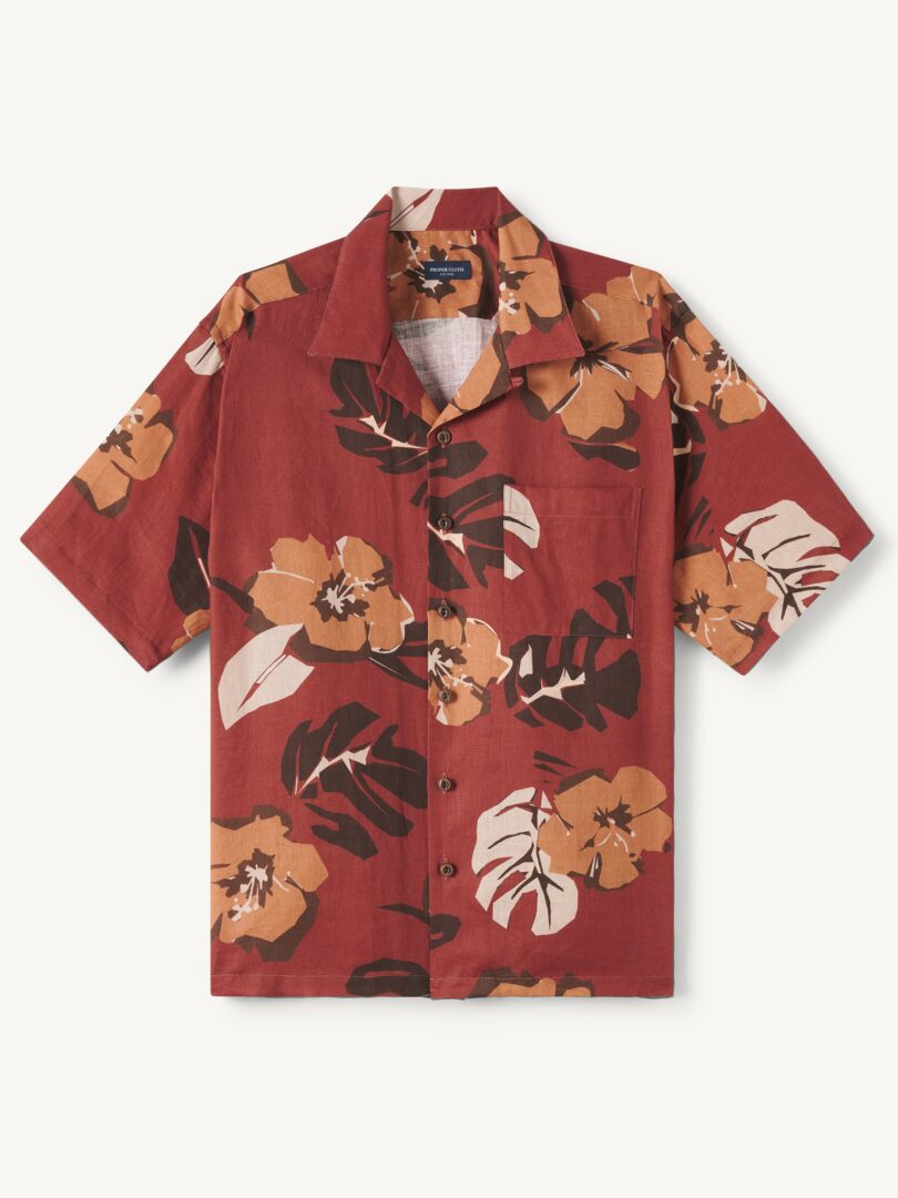 Men’s Albini Brick Red Large Floral Aloha Linen Camp Shirt Thumb
