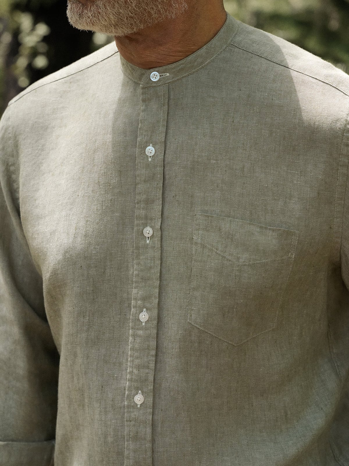 The Washed Linen Band Collar Shirt in Sage
