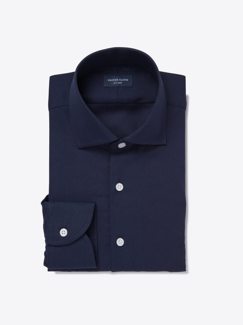 Thomas Mason Navy Woven Pique Tailor Made Shirt 
