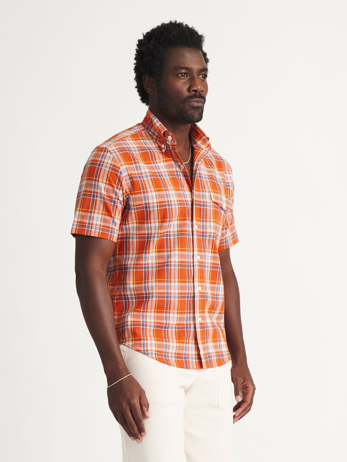 indian mens dress shirt Proper Cloth Men's Tomato Gold and Navy Indian Madras Short Sleeve Custom Dress Shirt