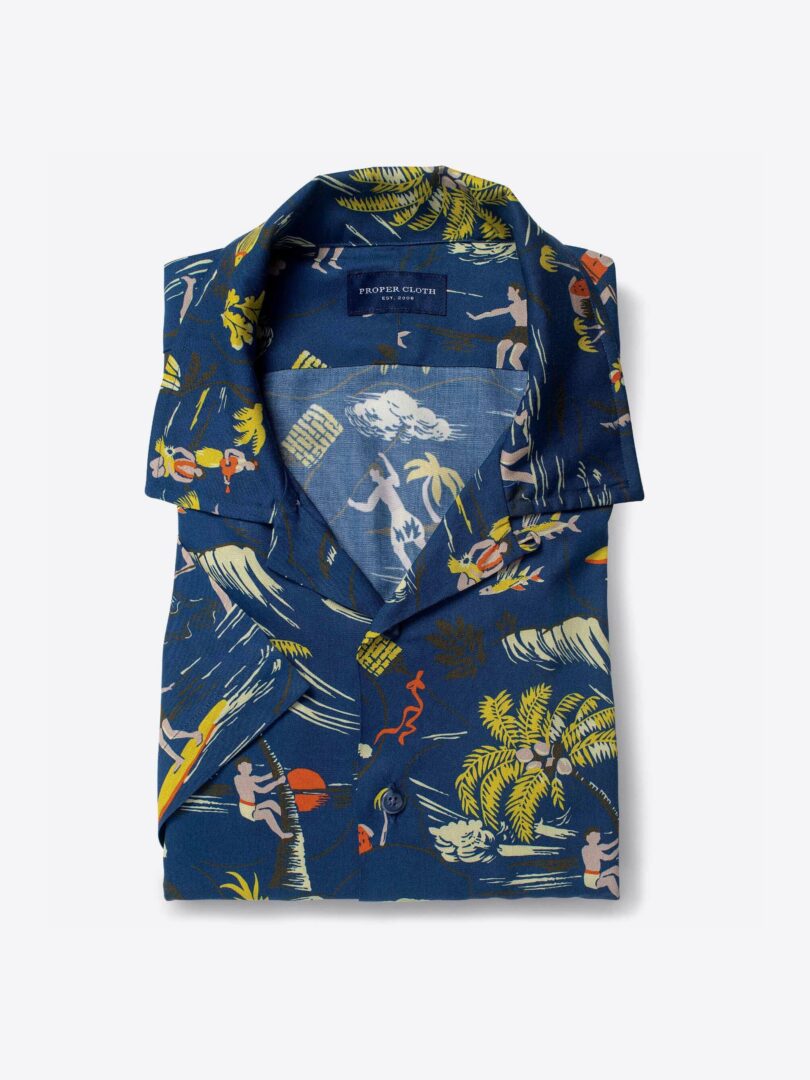 Blue Vintage Aloha Print Viscose Short Sleeve Shirt