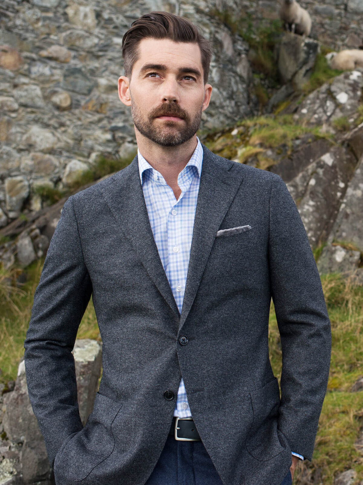 Thomas Mason Blue and Grey End-on-End Check Shirt