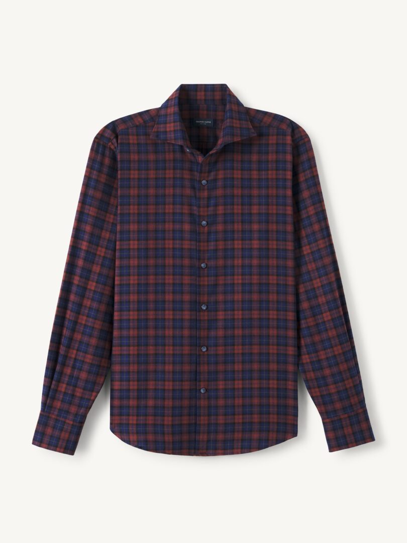 Men’s Navy and Burnt Rose Tartan Flannel Spread Collar Thumb