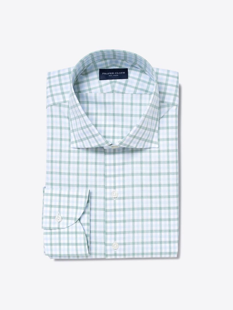 Thomas Mason Pine and Light Blue End-on-End Check Fitted Shirt 