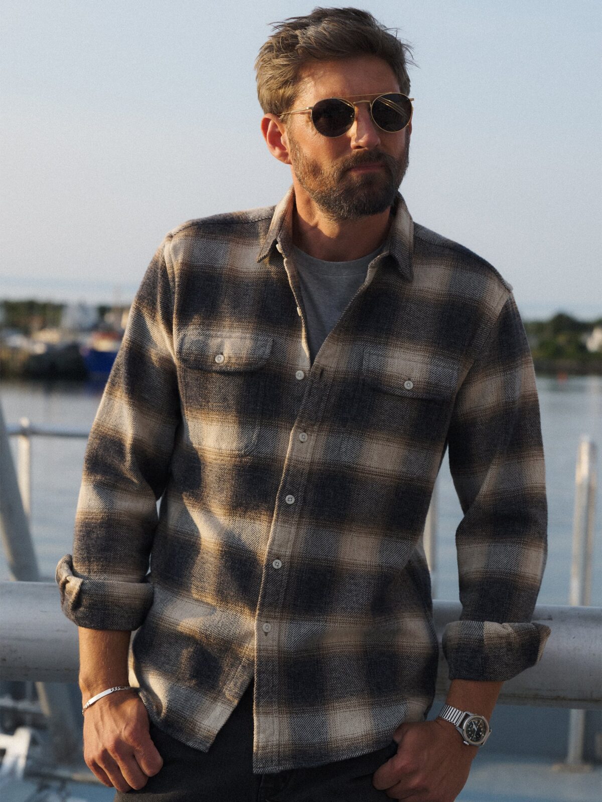 The Japanese Low Twist Shirt in Beige and Grey Large Ombre Plaid