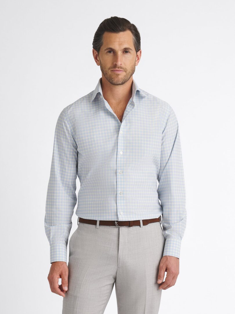 Thomas Mason Non-Iron Light Blue and Lemon Multi Check Thumb Detail