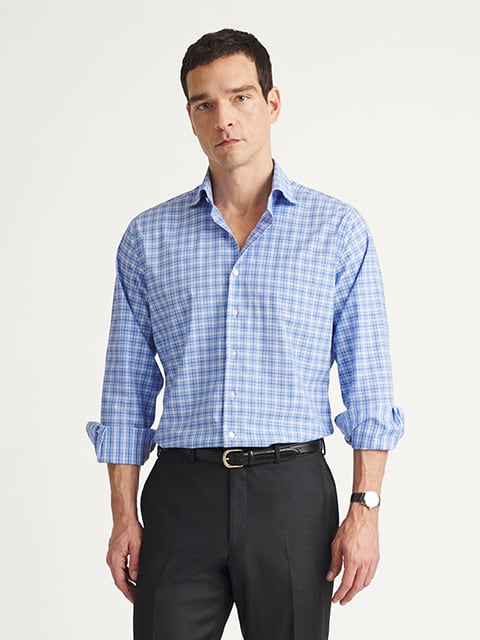 Thomas Mason Wrinkle-Resistant Light Blue Mini Grid Twill Shirt by