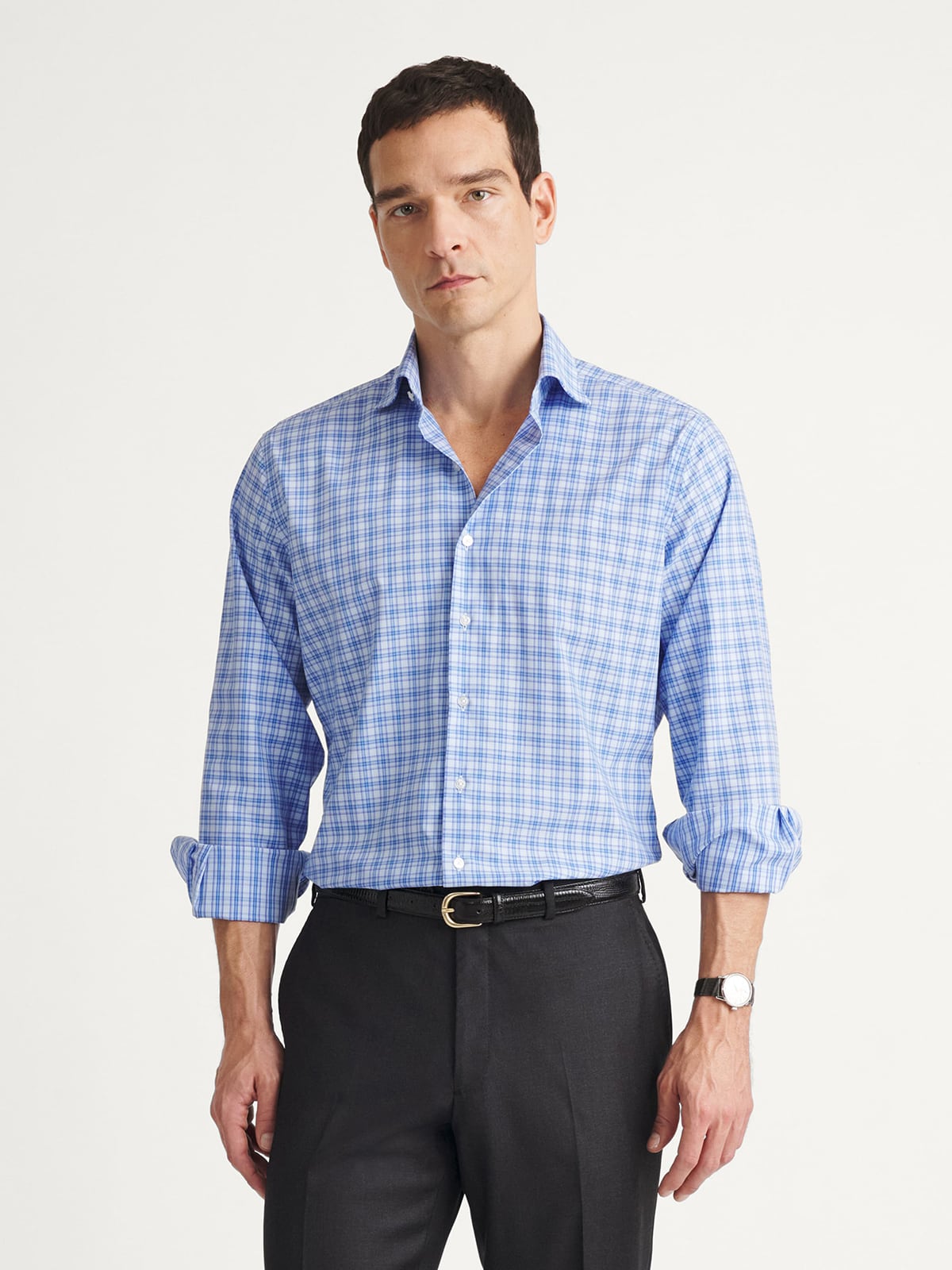 The Thomas Mason Wrinkle-Resistant Dress Shirt in Navy and Sky Plaid