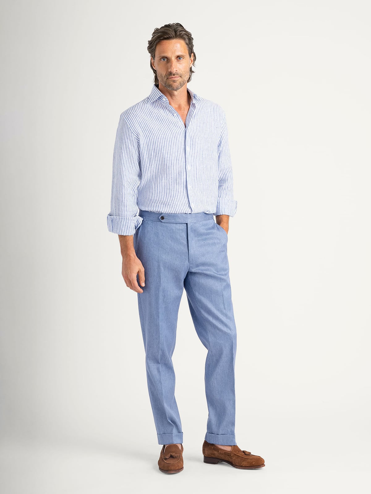Proper Cloth Men's Baird McNutt Blue Irish Linen Stripe Dress Shirt - Blue, Size: 21, Big, Tall, 100% Linen Proper Cloth Men's Baird McNutt Blue Irish Linen Stripe Dress Shirt - Blue, Size: 21, Big, Tall, 100% Linen