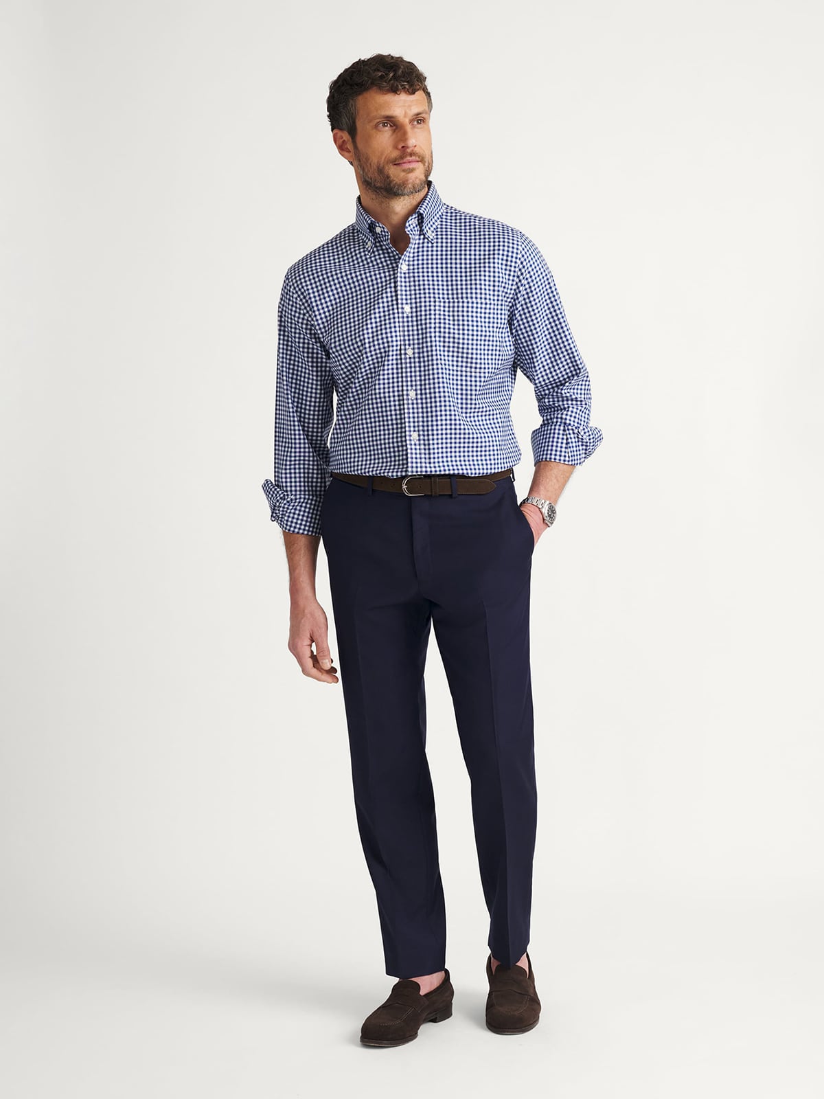 Proper Cloth Men's Non-Iron Supima Navy Blue Gingham Office Button Down Tailor Made Shirt - Blue, Size: 19, Regular, 100% Cotton