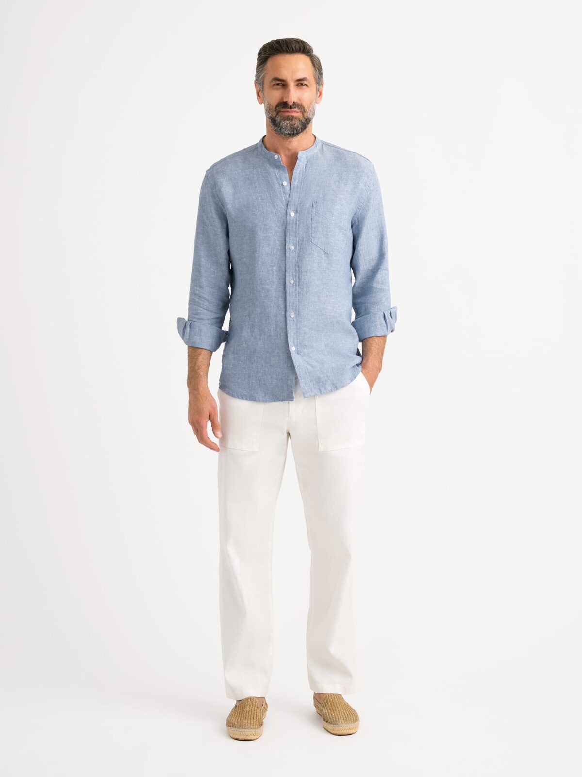 The Washed Linen Band Collar Shirt in Blue Chambray