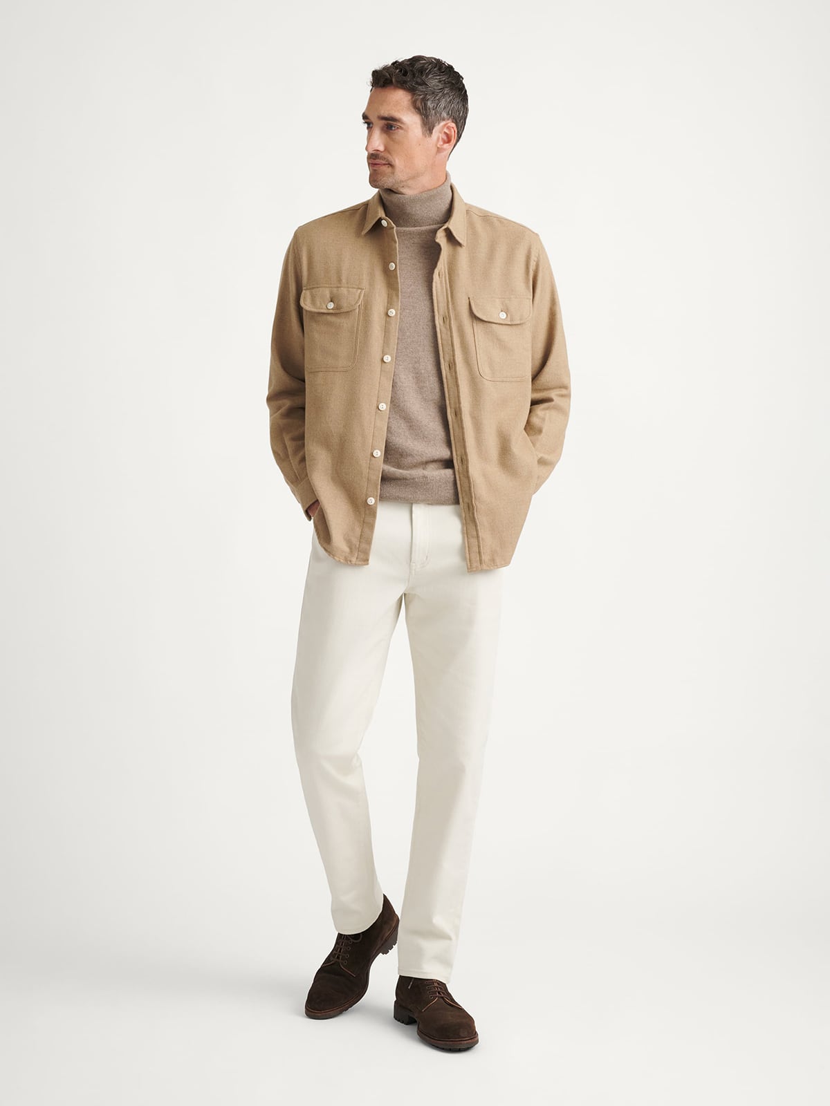 The Cotton and Cashmere Flannel Workshirt in Camel Melange