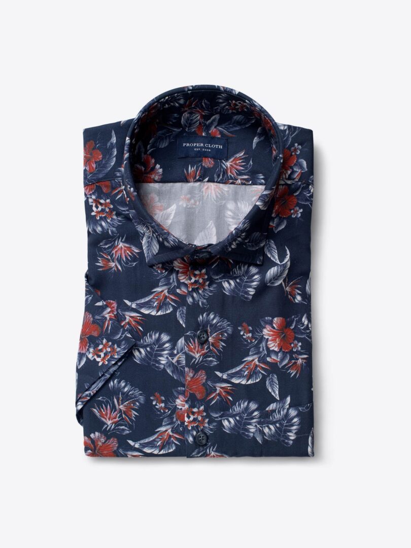 Albini Navy and Red Floral Print Tencel Short Sleeve Shirt