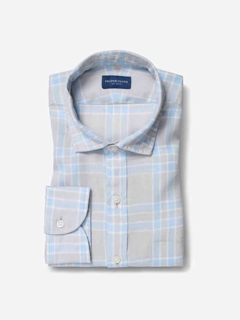 Portuguese Washed Light Grey and Blue Large Plaid Linen Tailor Made Shirt 