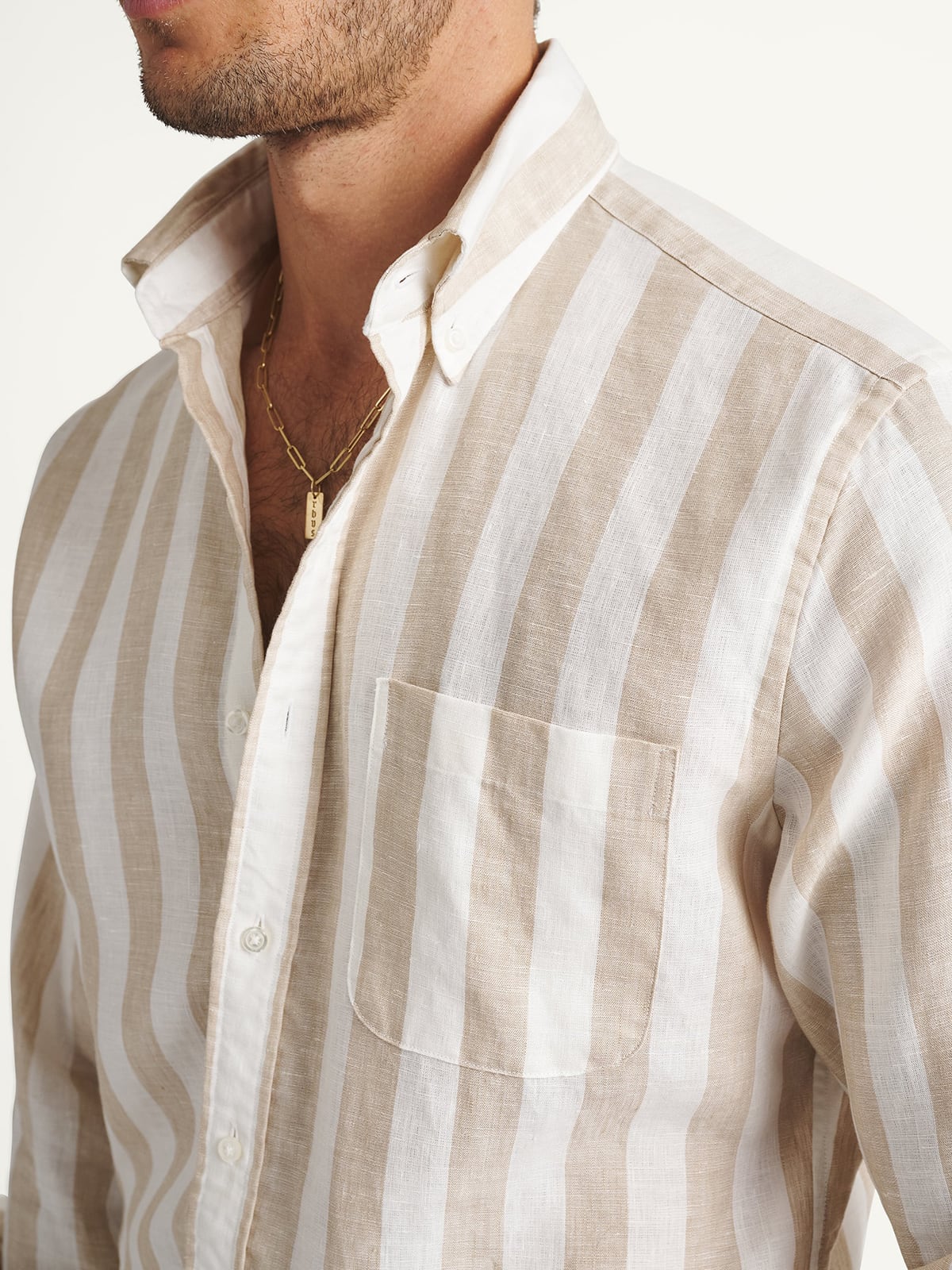 Portuguese Beige Wide Stripe Linen Shirt Portuguese Beige Wide Stripe Linen Shirt