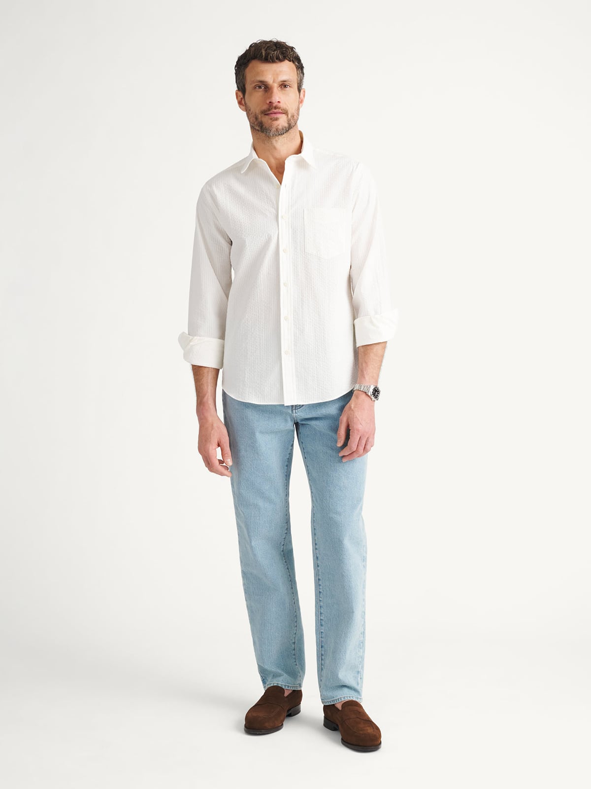The Italian Wide Seersucker Casual Shirt in Off White