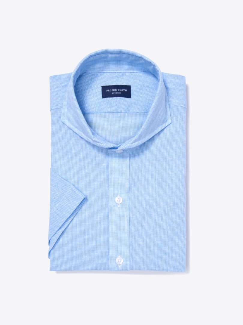 Light Blue Cotton Linen Houndstooth Tailor Made Shirt 