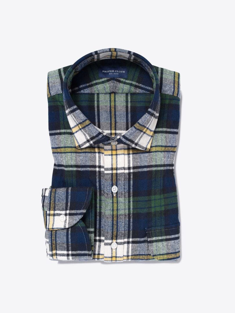 Green and Blue Plaid Country Flannel Dress Shirt 