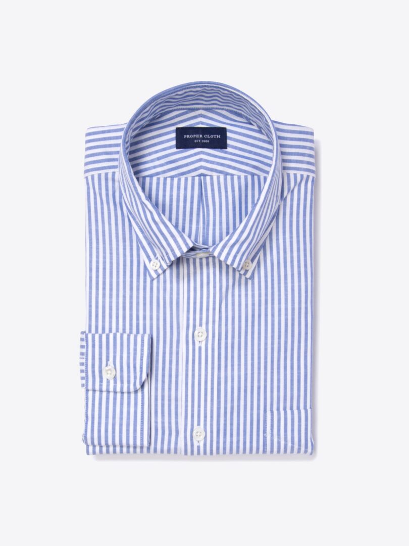 Albini Light Blue Stripe Oxford Chambray Fitted Dress Shirt 
