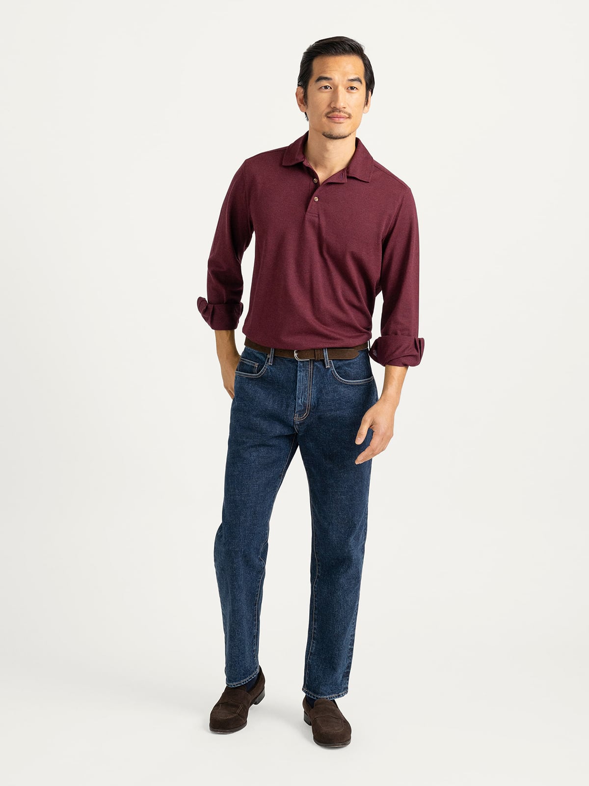 The Italian Long Sleeve Pique Polo Shirt in Burgundy The Italian Long Sleeve Pique Polo Shirt in Burgundy