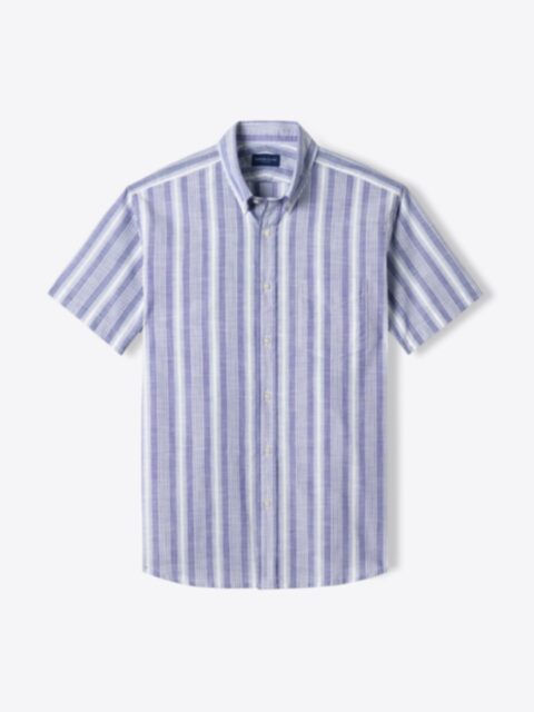 Shop Albini Light Navy Multi Stripe Chambray