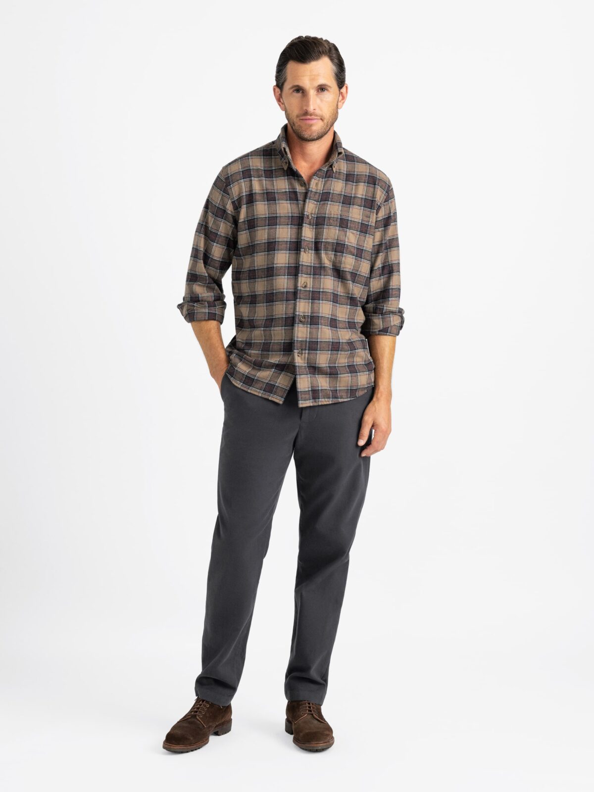The Japanese Tartan Flannel Sport Shirt in Mocha and Grey