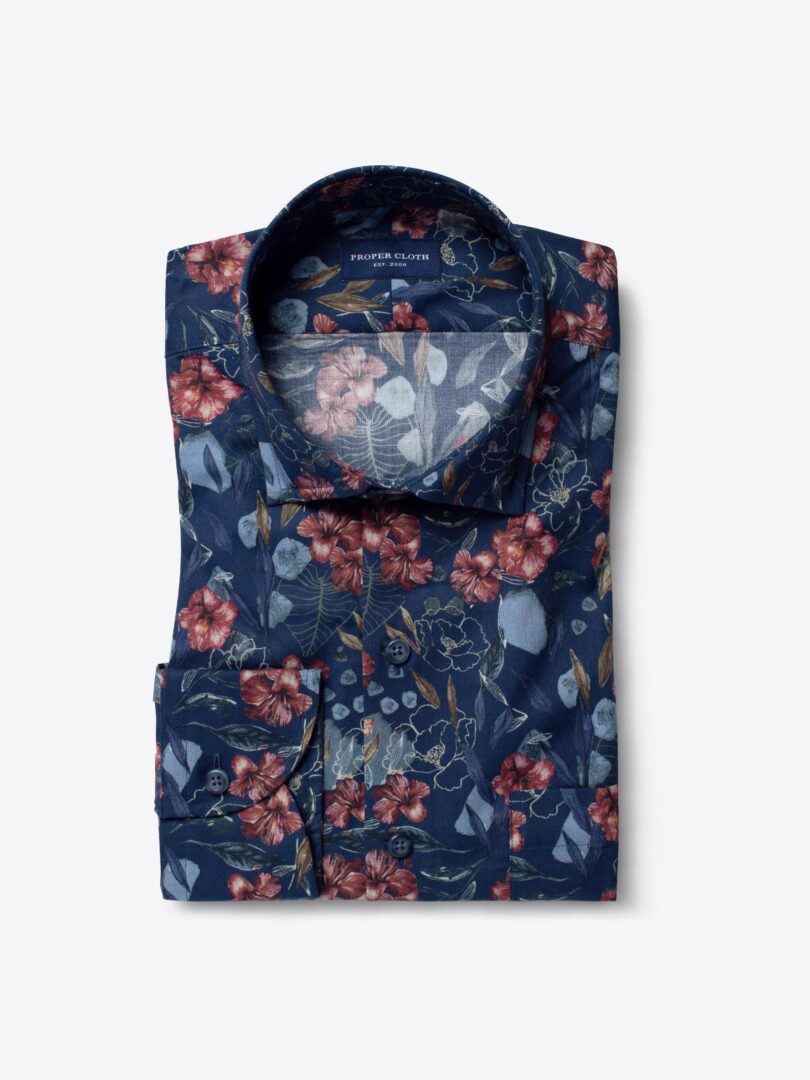 Albiate Royal Blue Large Floral Print Custom Dress Shirt 