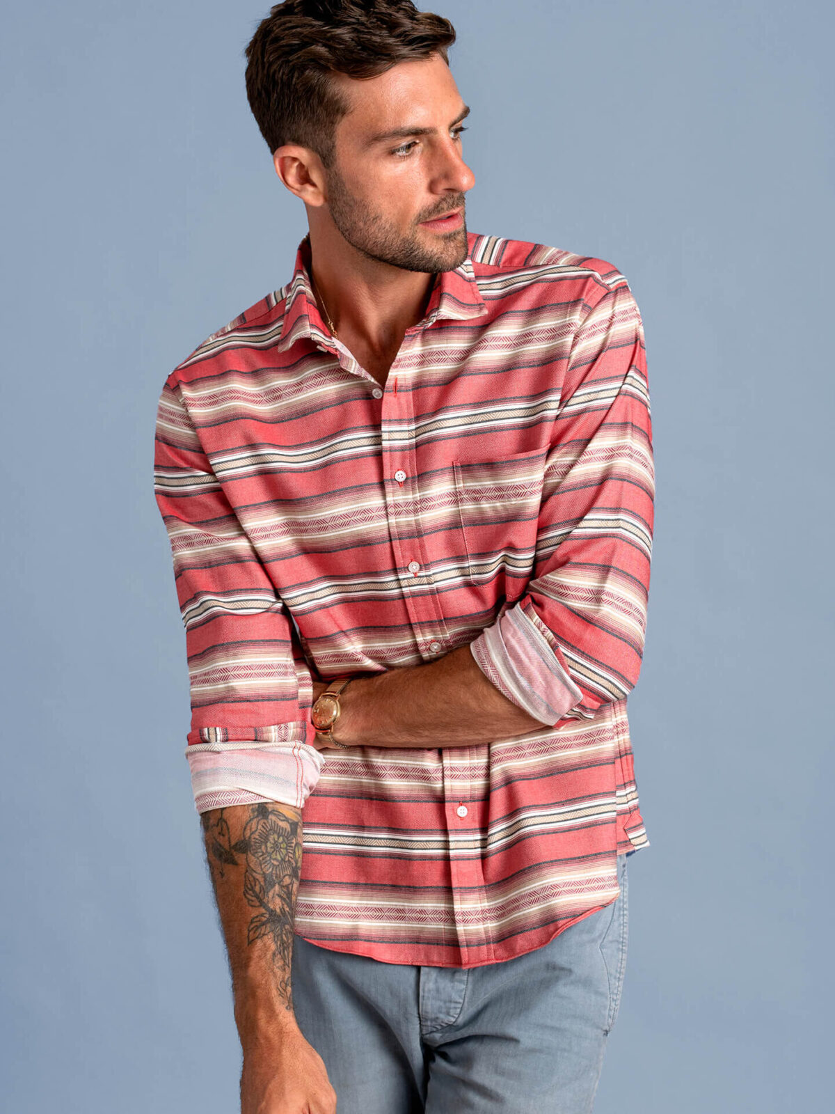 Faded Red Black and Beige Southwest Stripe Jacquard Shirt