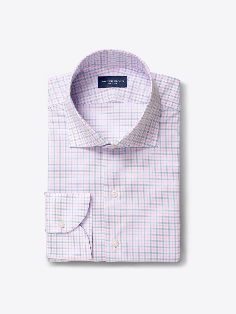 Thomas Mason Light Blue and Pink Multi Grid Custom Dress Shirt 