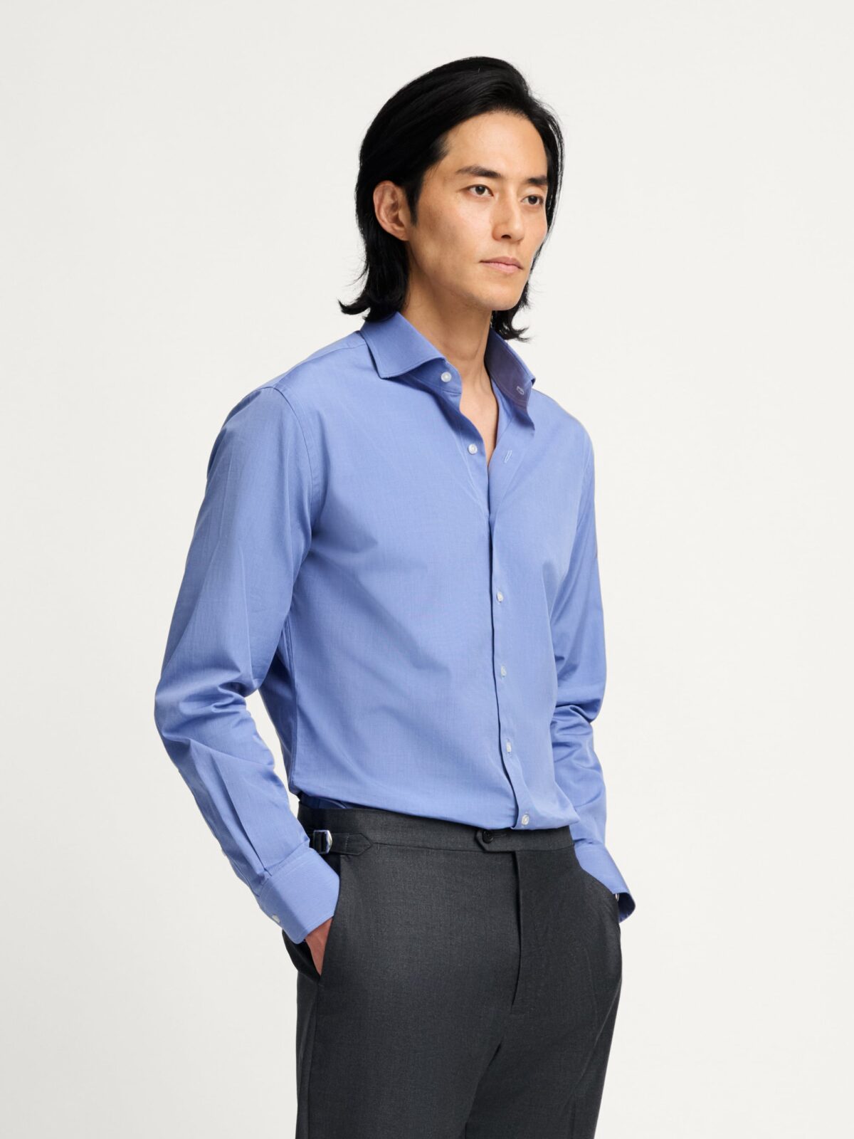 french blue dress shirt Men's Glen Plaid Cuff Set 19½ 36/37 / Blue sleeved Moisture wicking *Model is 6ft and 170lb wearing a size small O'Connell's Button Down Dress Shirt