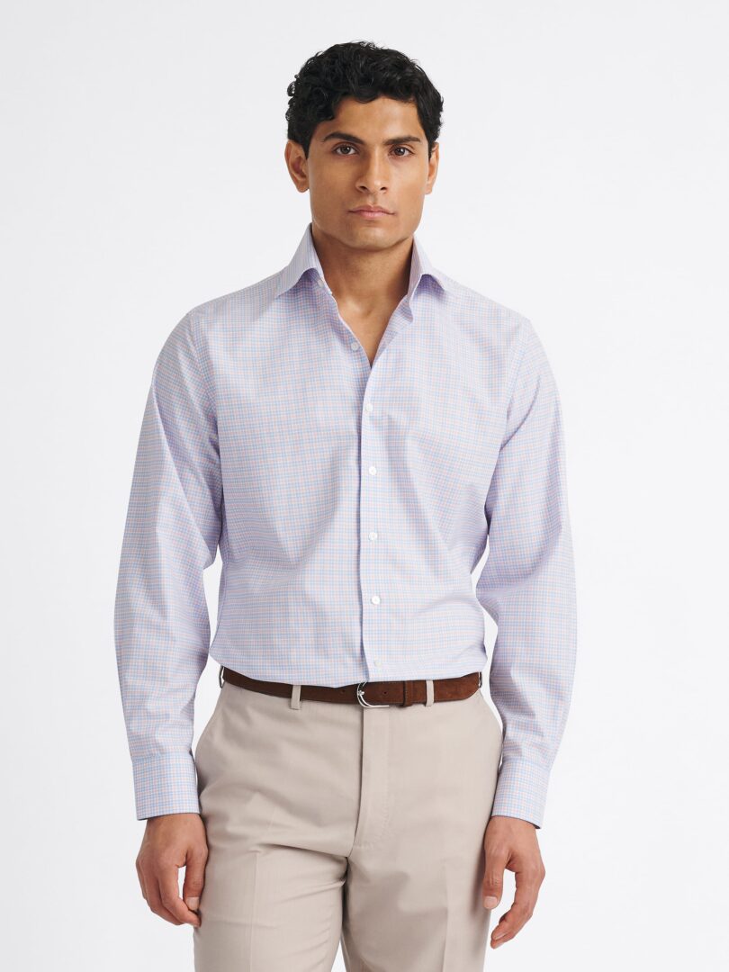 Thomas Mason Non-Iron Light Blue and Rose Multi Check Thumb Detail