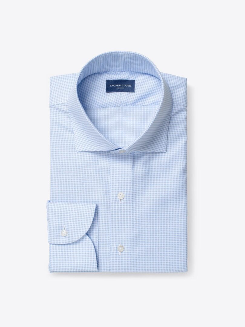 Non-Iron Light Blue Mini Check Dobby Men's Dress Shirt 