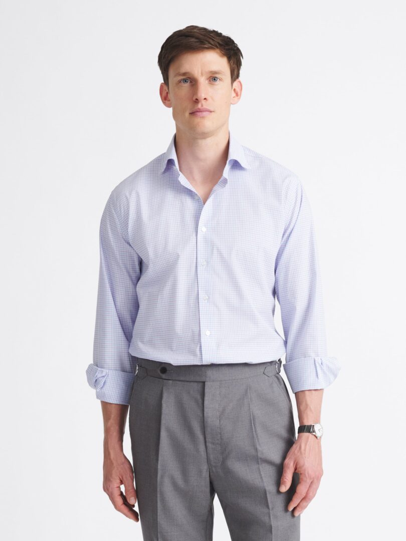 Thomas Mason Wrinkle-Resistant Blue and Lavender Multi Check Thumb Detail