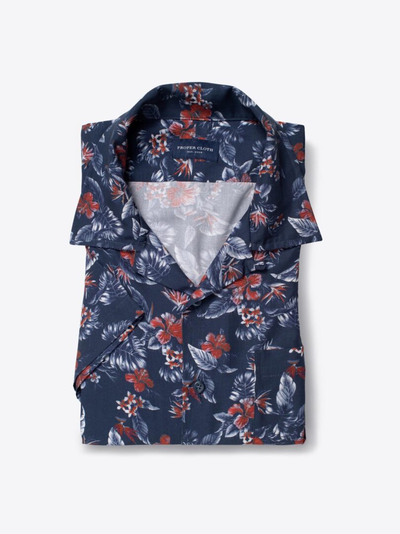Albini Navy and Red Floral Print Tencel 