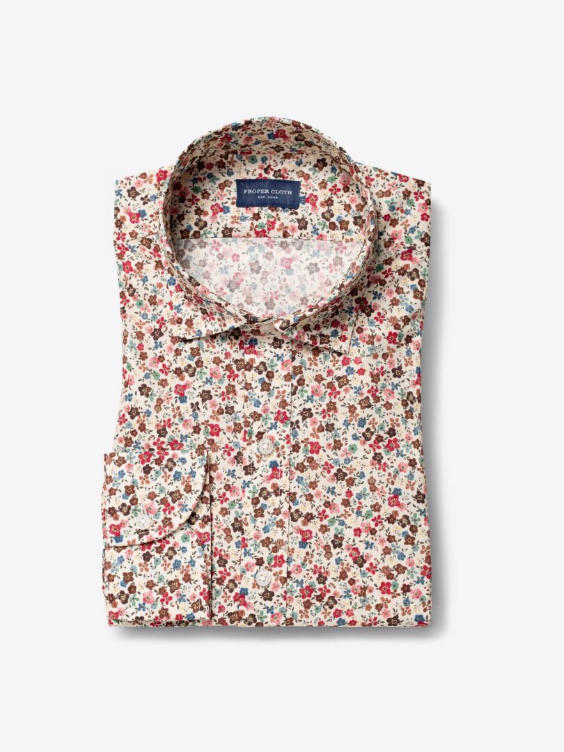 Albini Beige Small Floral Print Fitted Dress Shirt 