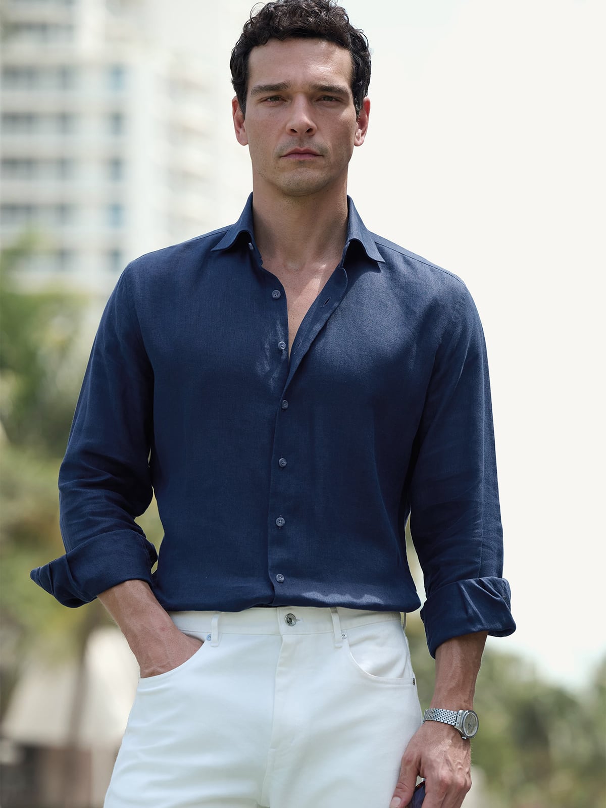 linen dress shirt near me Portuguese Slate Chambray Cotton and Linen Oxford Shirt by Proper Cloth