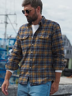 The Low Twist Shirt in Gold and Navy Plaid