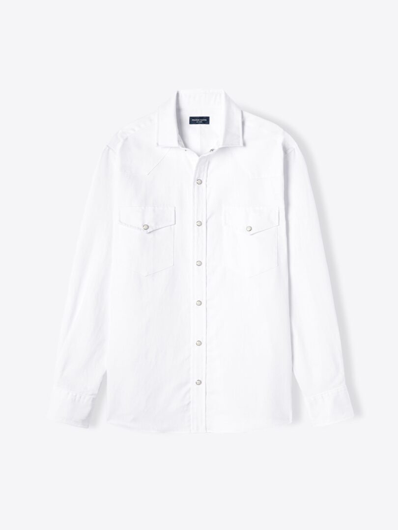 Albiate White Cotton Linen Denim Dress Shirt 
