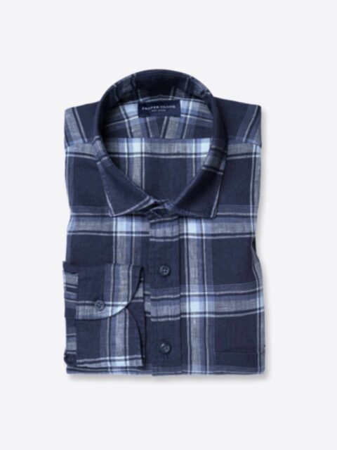 Shop Portuguese Washed Navy Ombre Plaid Linen