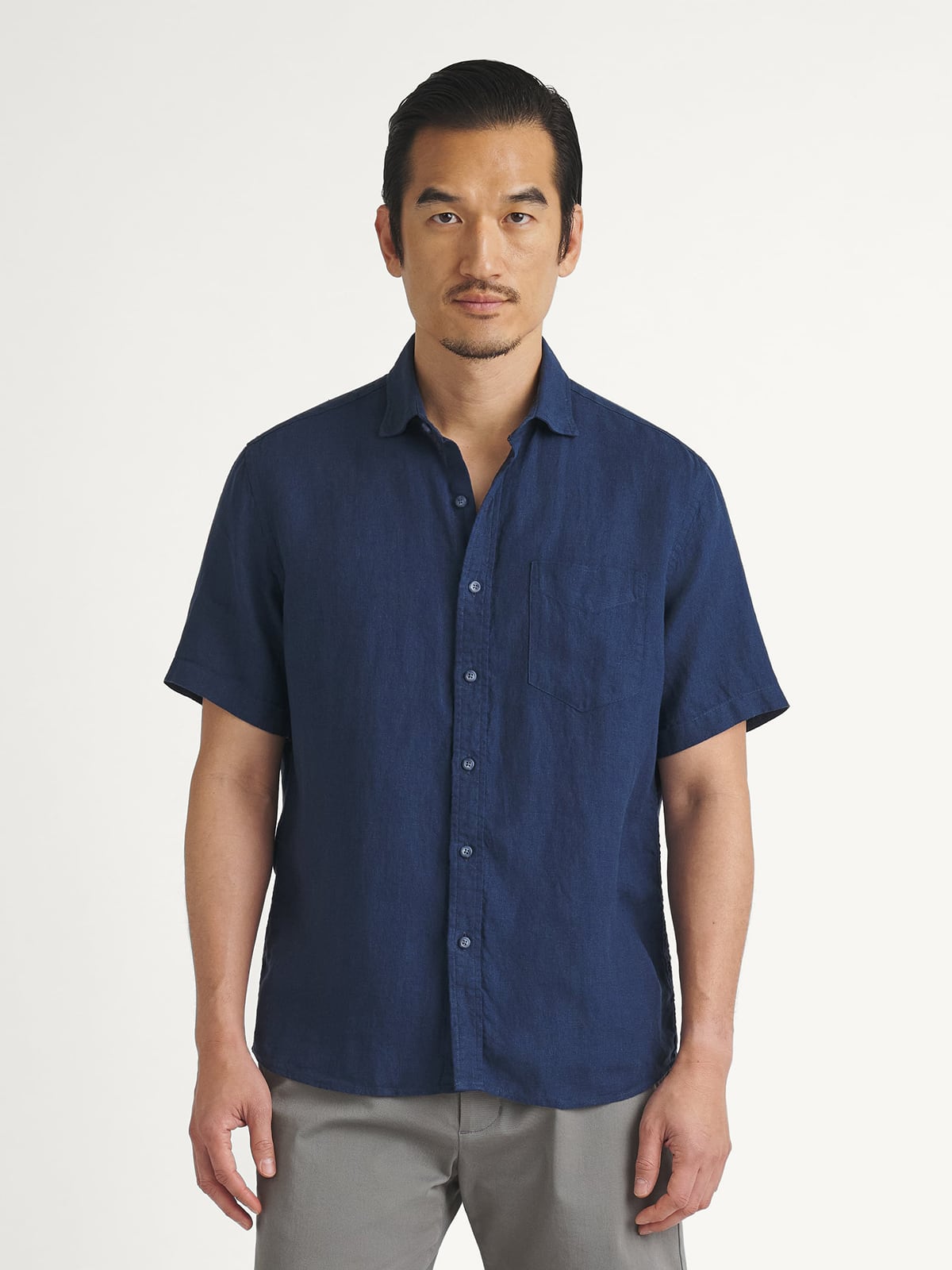 STILL BY HAND - Linen mixed narrow collar shirt navy Sho6261os main image 1