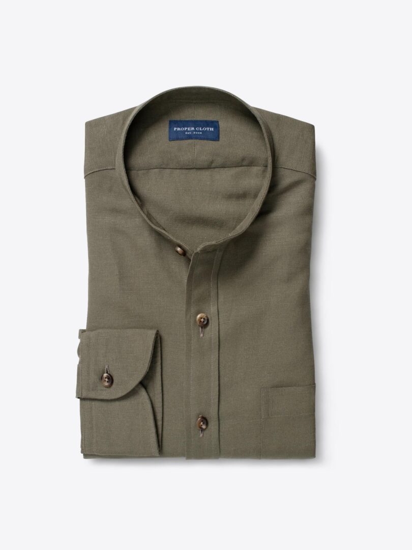 Japanese Washed Olive Linen Rayon Blend Men's Dress Shirt 