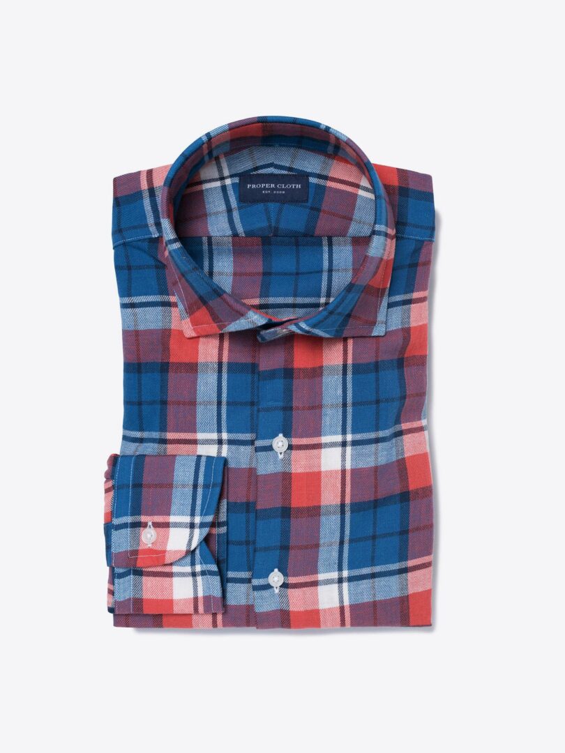 Japanese Red and Blue Plaid Fitted Dress Shirt 