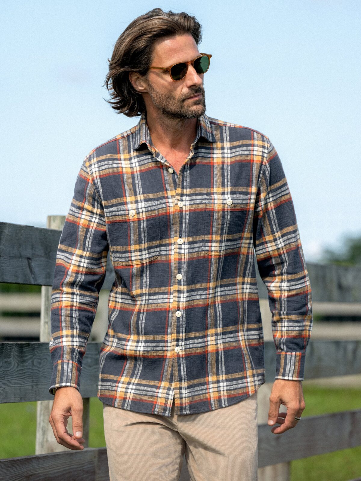 Jackson Washed Navy Gold and Red Country Plaid Shirt by Proper Cloth