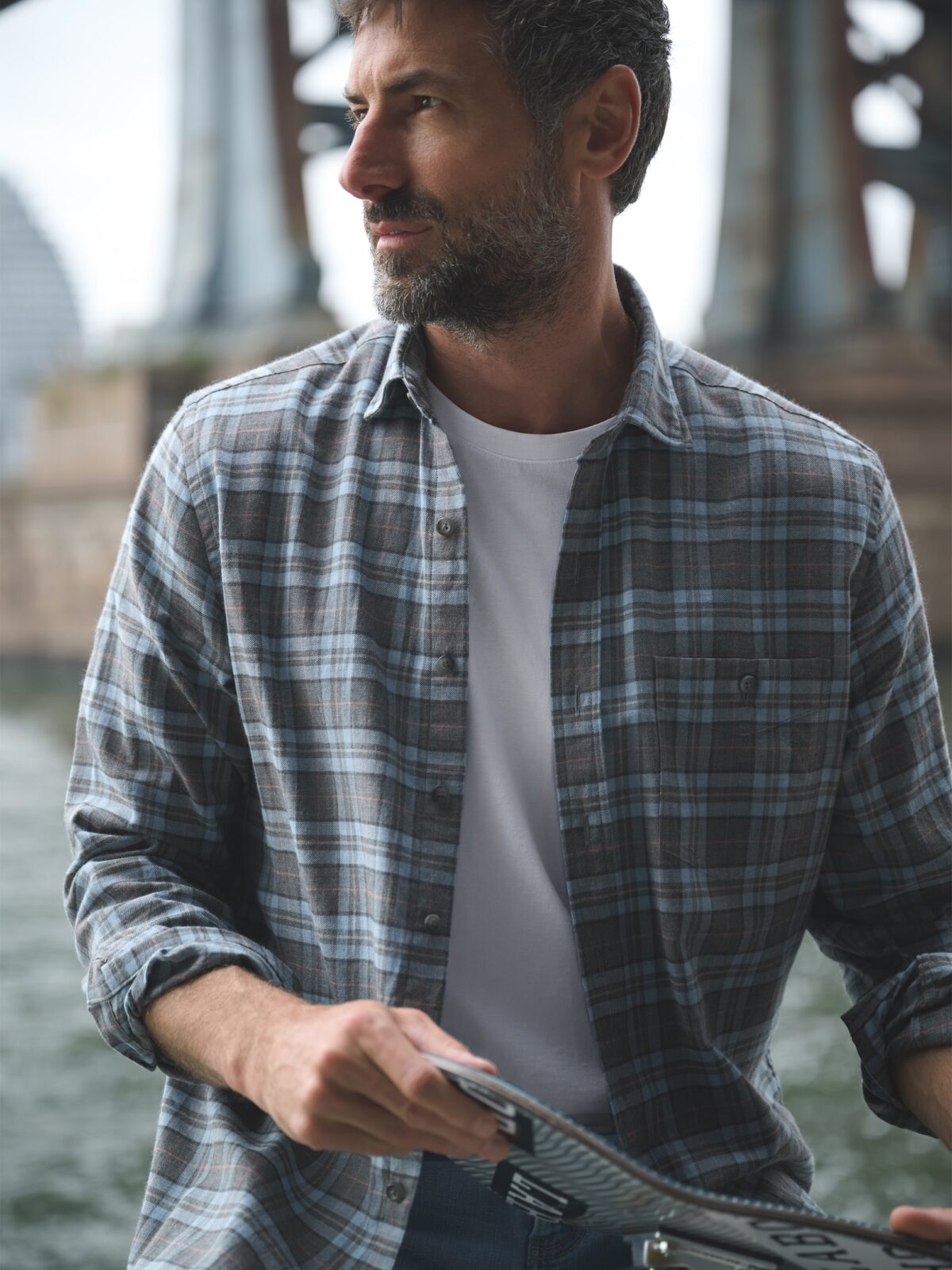 The Satoyama Flannel Shirt in Charcoal Sky and Salmon