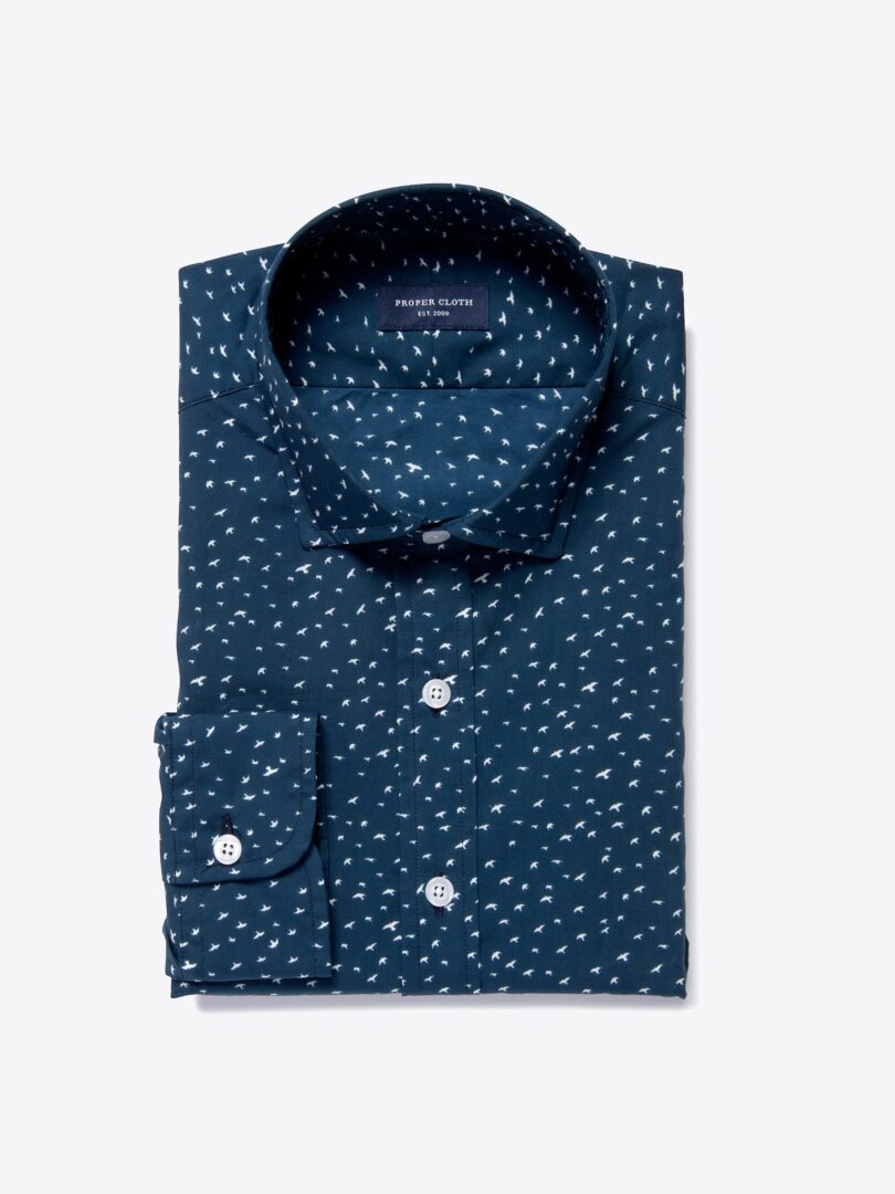 Dark Blue Sparrow Print Custom Dress Shirt 
