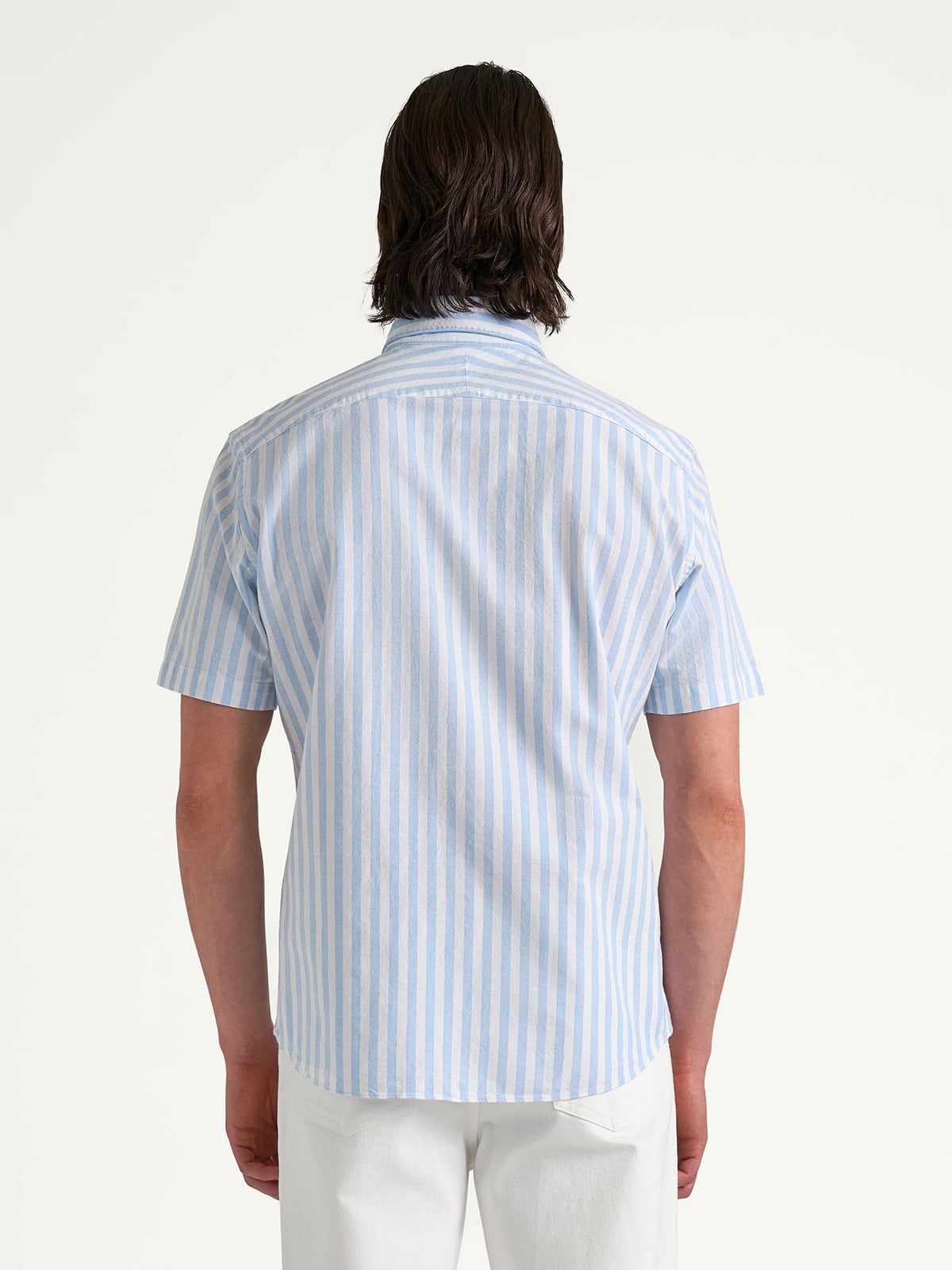 striped short sleeve dress shirt Proper Cloth Men's Washed Light Blue Wide Stripe Lightweight Oxford Custom Dress Shirt