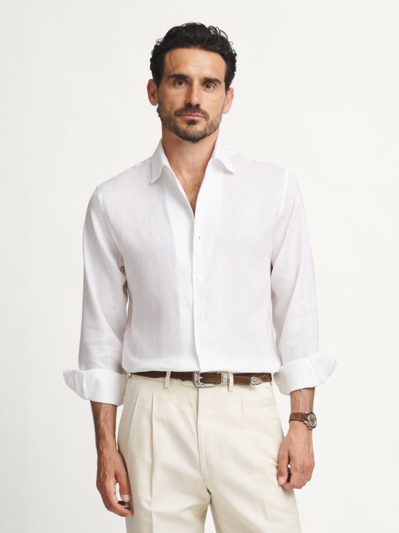 Albini White Stretch Linen One Piece Collar Sport Shirt Thumb Detail